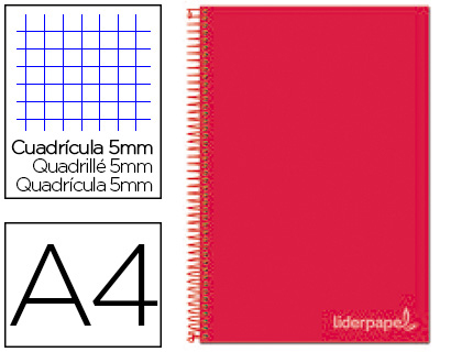 Cuaderno espiral Liderpapel Jolly A4 tapa extradura 80h 75g micro c/5mm. color rojo